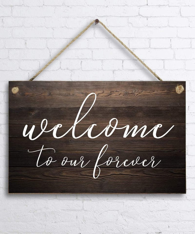 Eletina J.DXHY Welcome to Our Forever Sign, Rustic Wooden Welcome Wedding Sign, Brown, 18"x12" - Image 2